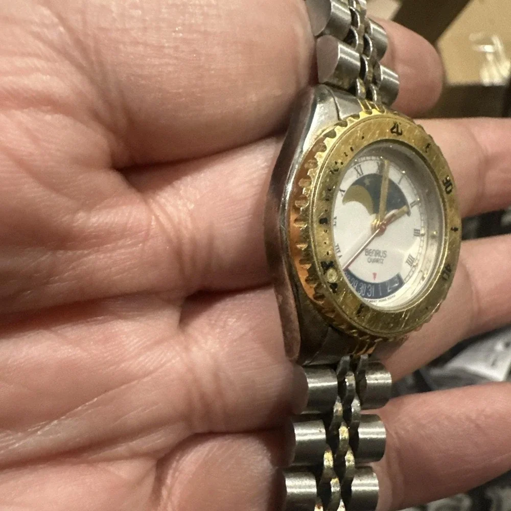Works Vintage Benrus Moon Phase Womens Watch 25MM Two‎ Tone Band Fit 7in - Read